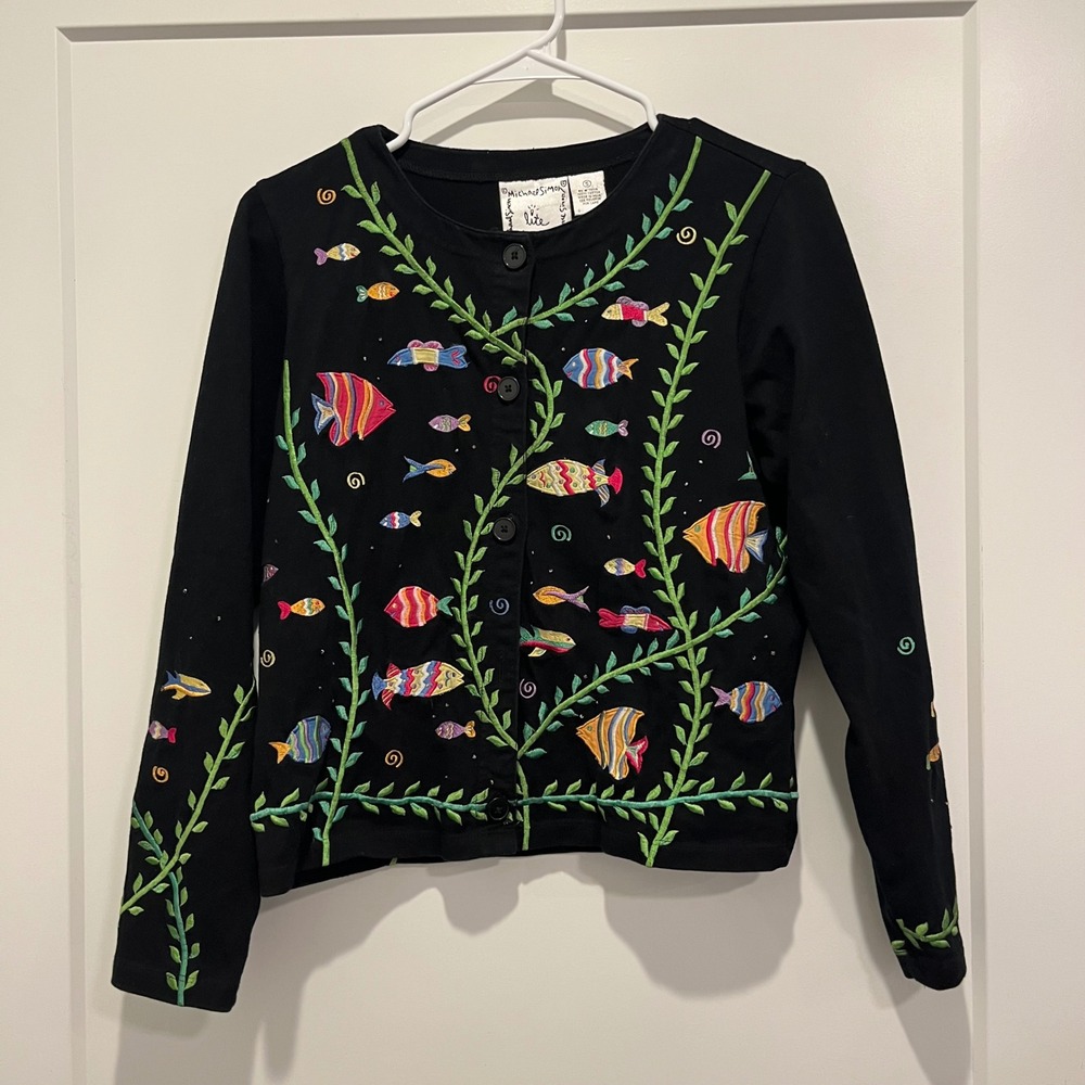 Michael Simon Lite Black Cotton Embroidered Tropical Fish Beaded Cardigan Small